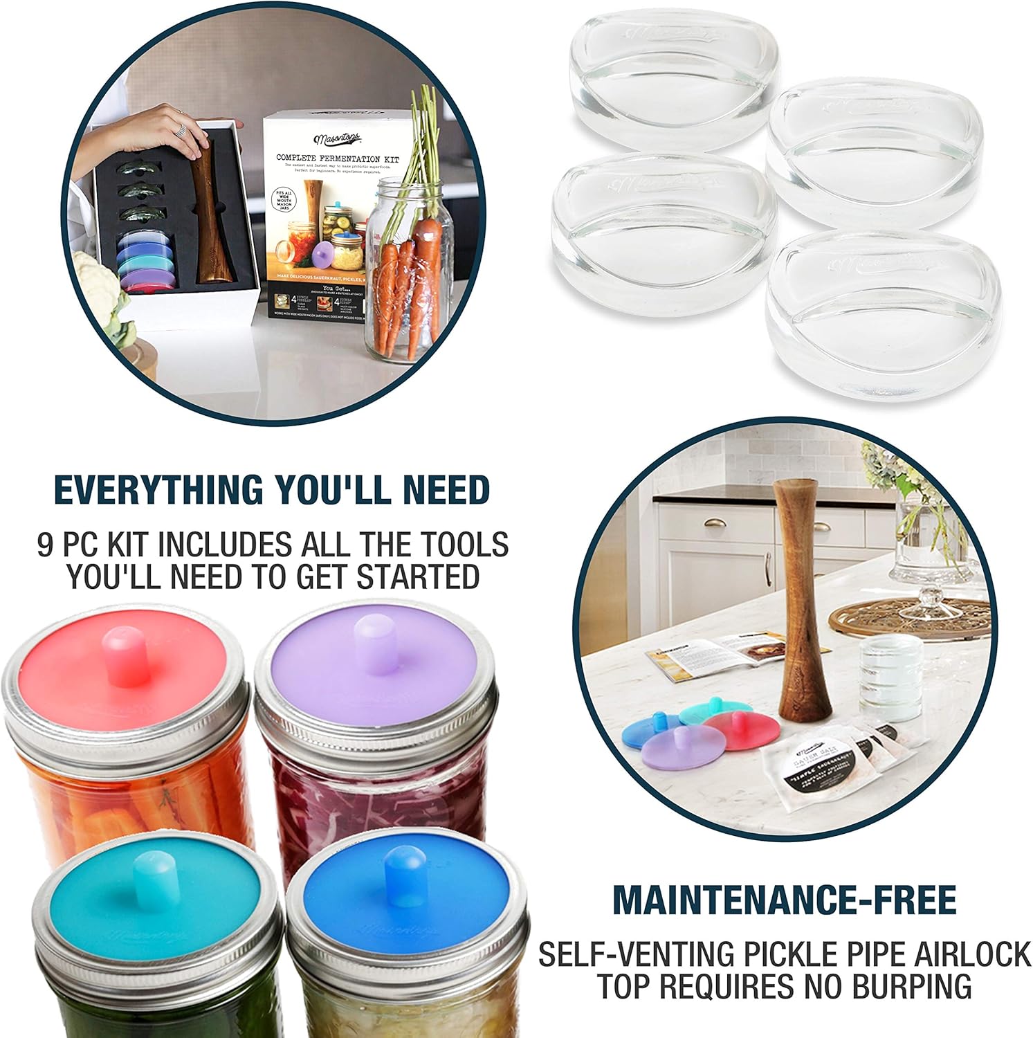 Fermentation Kit with Airlock Lids for Wide Mouth Mason Jars - Pickles, Sauerkraut, Kimchi Container