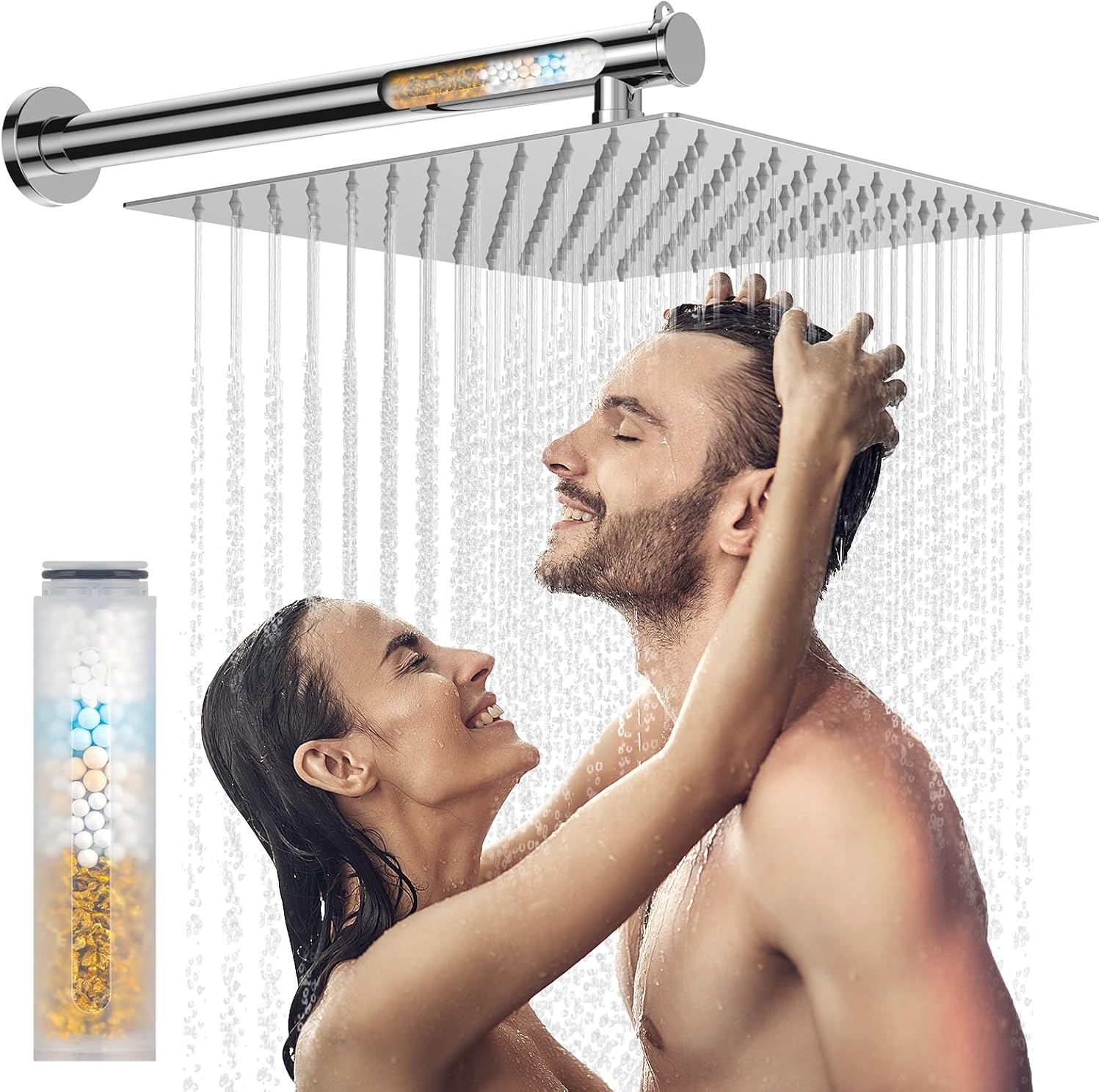 Filtered High Pressure 12" Rain Shower Head with 16" Extension Arm - Stainless Steel Square Waterfall Head for Hard Water