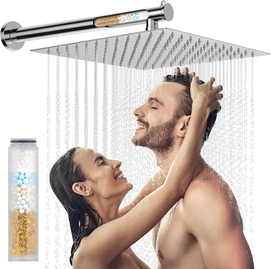 Filtered High Pressure 12" Rain Shower Head with 16" Extension Arm - Stainless Steel Square Waterfall Head for Hard Water