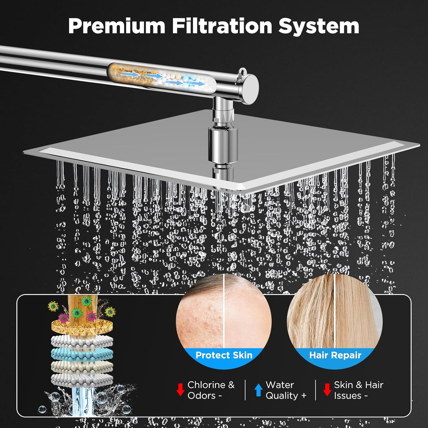 Filtered High Pressure 12" Rain Shower Head with 16" Extension Arm - Stainless Steel Square Waterfall Head for Hard Water