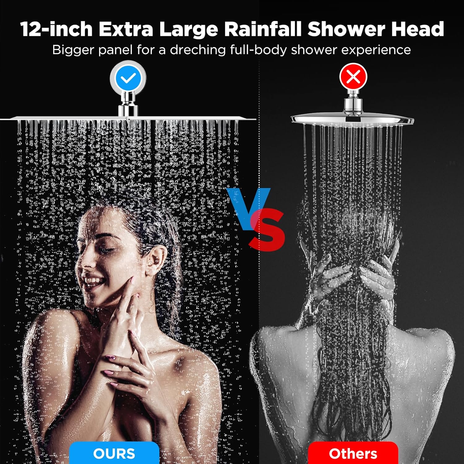 Filtered High Pressure 12" Rain Shower Head with 16" Extension Arm - Stainless Steel Square Waterfall Head for Hard Water