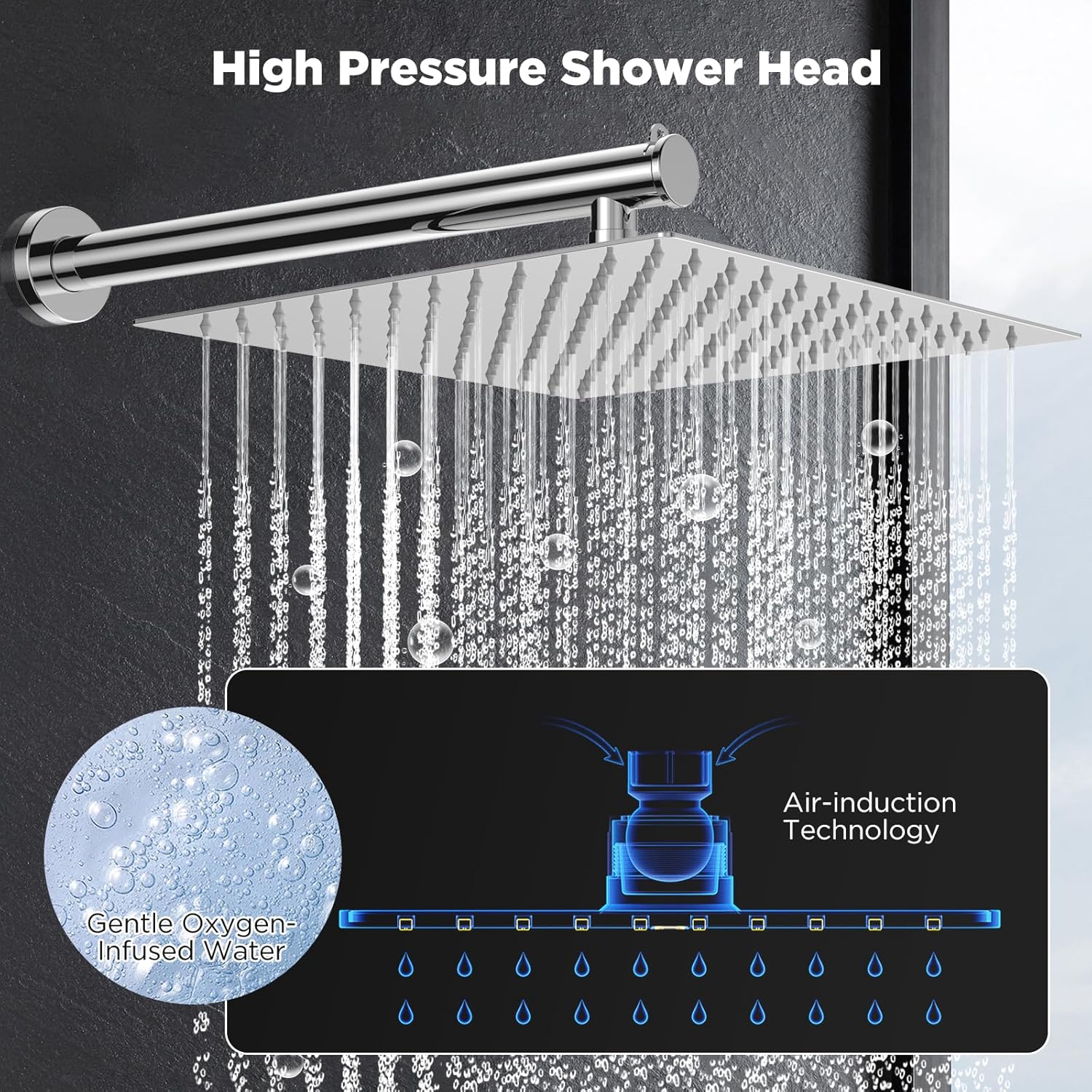 Filtered High Pressure 12" Rain Shower Head with 16" Extension Arm - Stainless Steel Square Waterfall Head for Hard Water