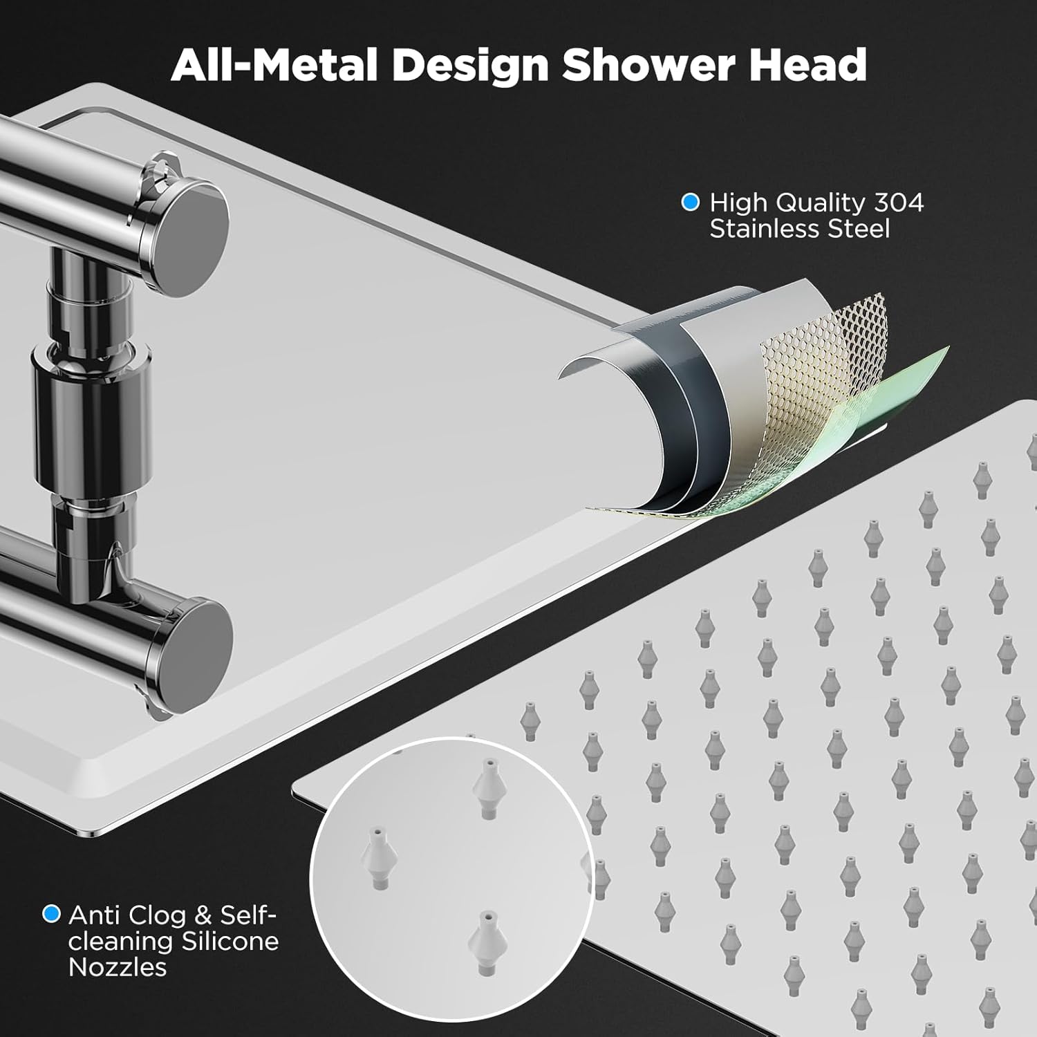 Filtered High Pressure 12" Rain Shower Head with 16" Extension Arm - Stainless Steel Square Waterfall Head for Hard Water