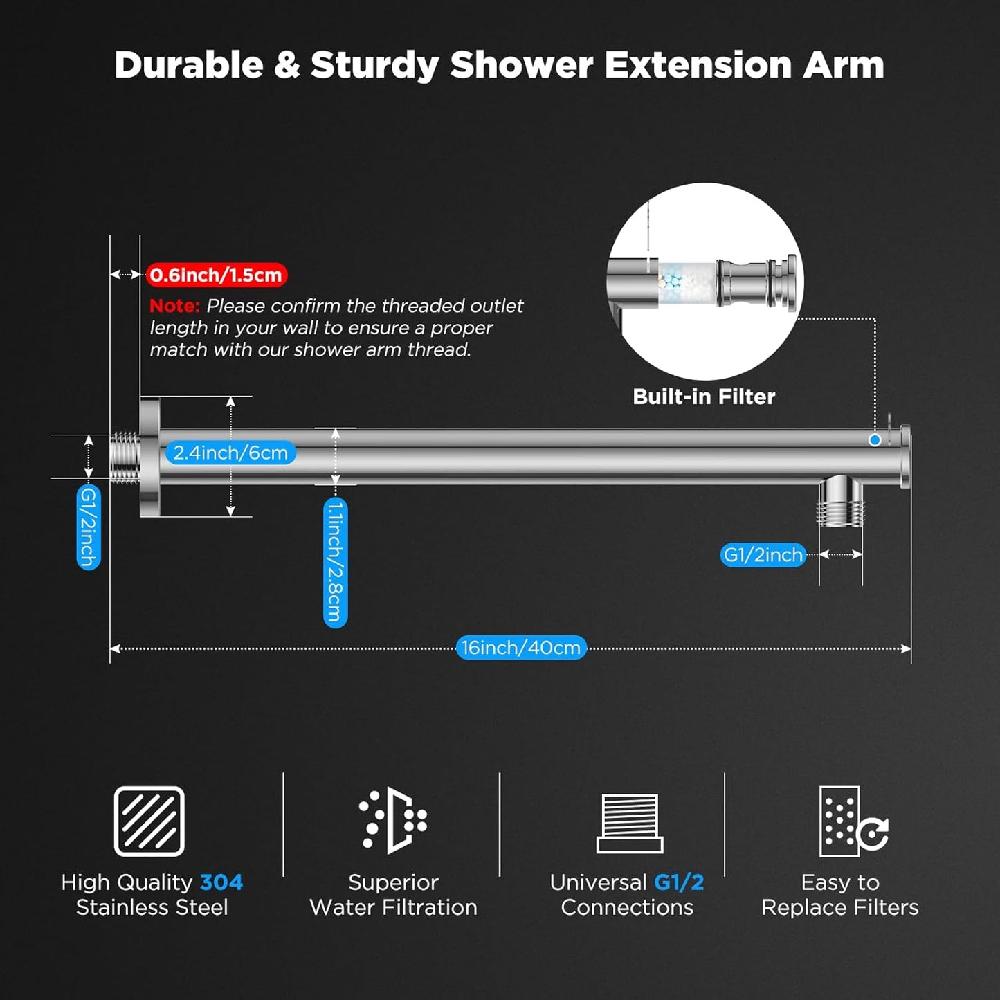 Filtered High Pressure 12" Rain Shower Head with 16" Extension Arm - Stainless Steel Square Waterfall Head for Hard Water