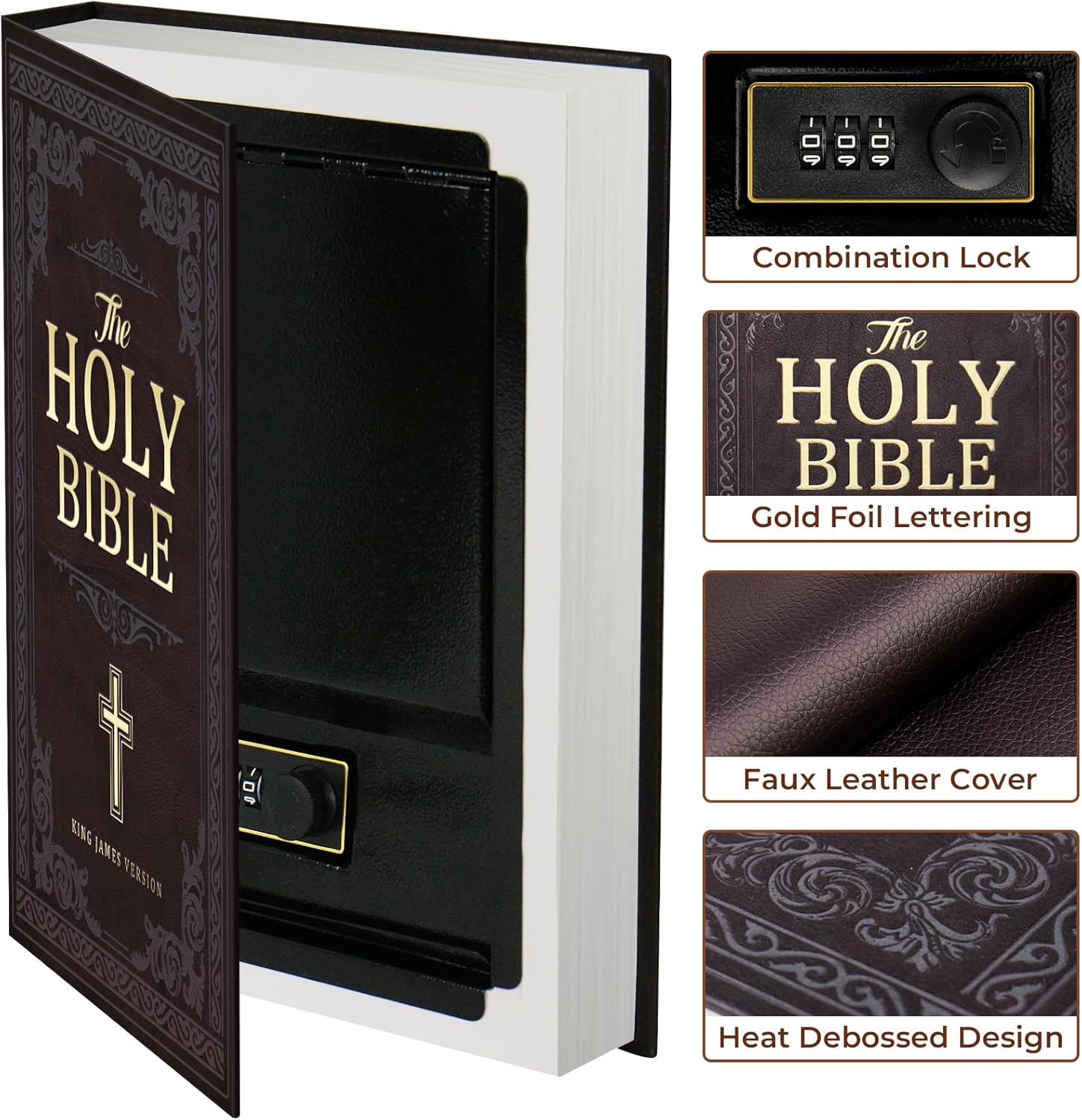 Fireproof Book Safe with Combination Lock - Hidden Storage Box, Secret Diversion Safe for Cash - Hollow Bible Book Box (10.9 x 7.7 x 1.8 Inch)