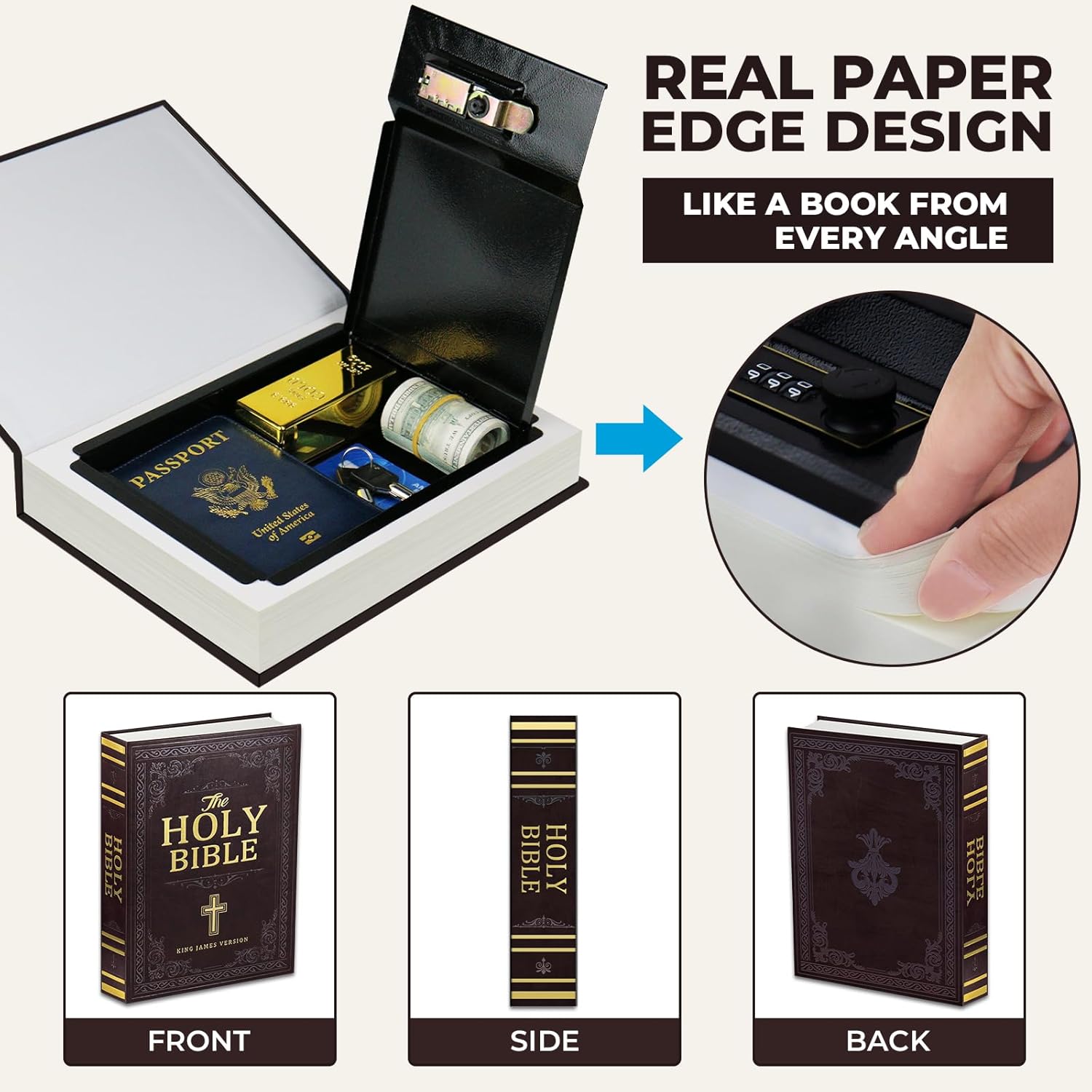 Fireproof Book Safe with Combination Lock - Hidden Storage Box, Secret Diversion Safe for Cash - Hollow Bible Book Box (10.9 x 7.7 x 1.8 Inch)