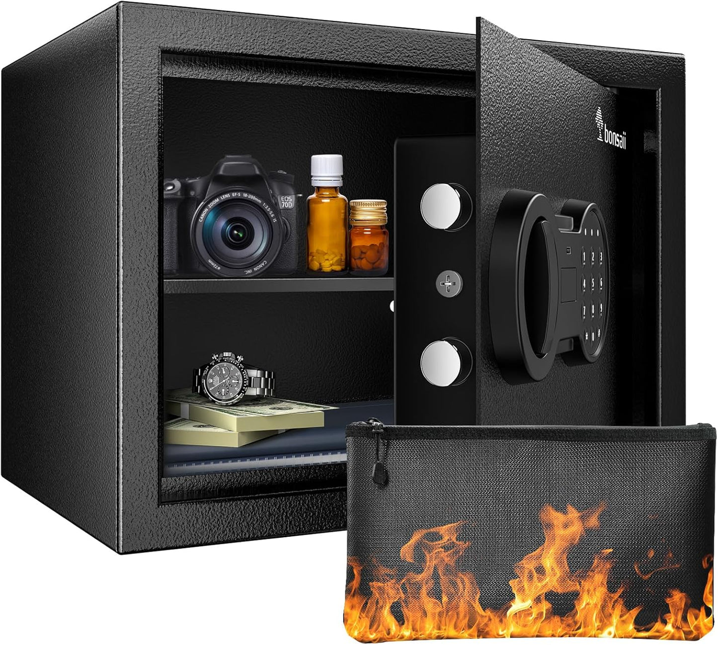 Fireproof Home Safe Box with Removable Shelf for Money, Jewelry & Valuables - 0.6 Cubic Feet, Black - 9.84" x 13.78" x 9.84