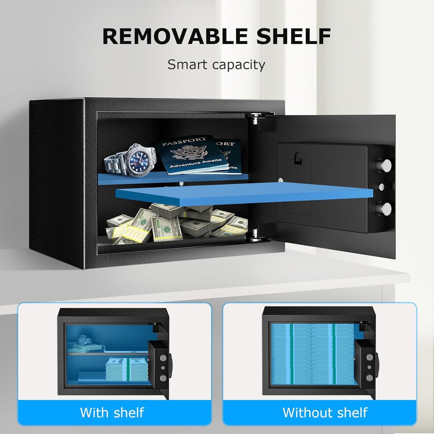 Fireproof Home Safe Box with Removable Shelf for Money, Jewelry & Valuables - 0.6 Cubic Feet, Black - 9.84" x 13.78" x 9.84