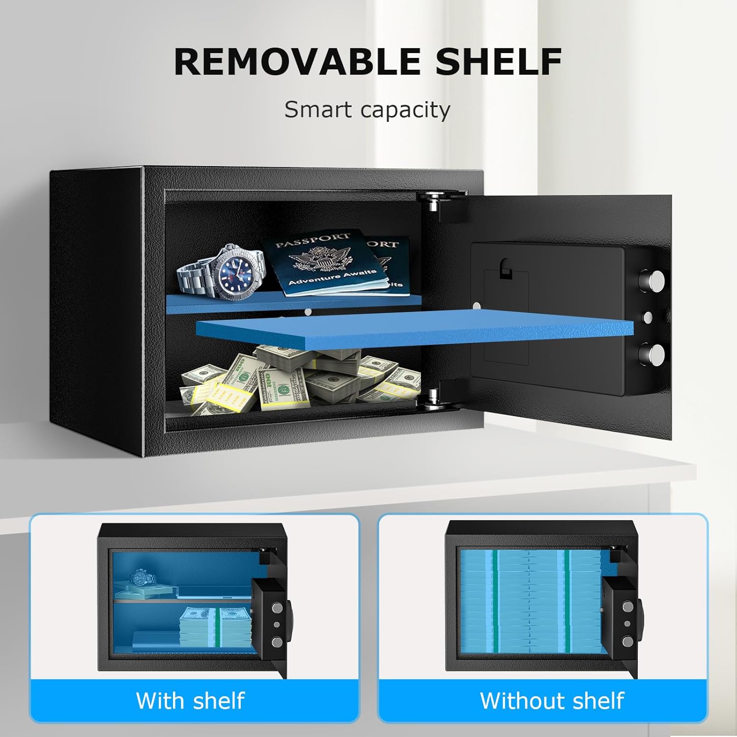 Fireproof Home Safe Box with Removable Shelf for Money, Jewelry & Valuables - 0.6 Cubic Feet, Black - 9.84" x 13.78" x 9.84