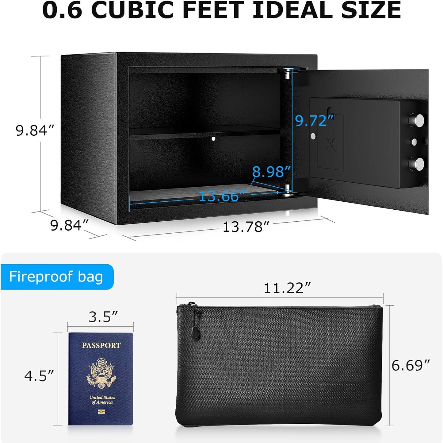 Fireproof Home Safe Box with Removable Shelf for Money, Jewelry & Valuables - 0.6 Cubic Feet, Black - 9.84" x 13.78" x 9.84