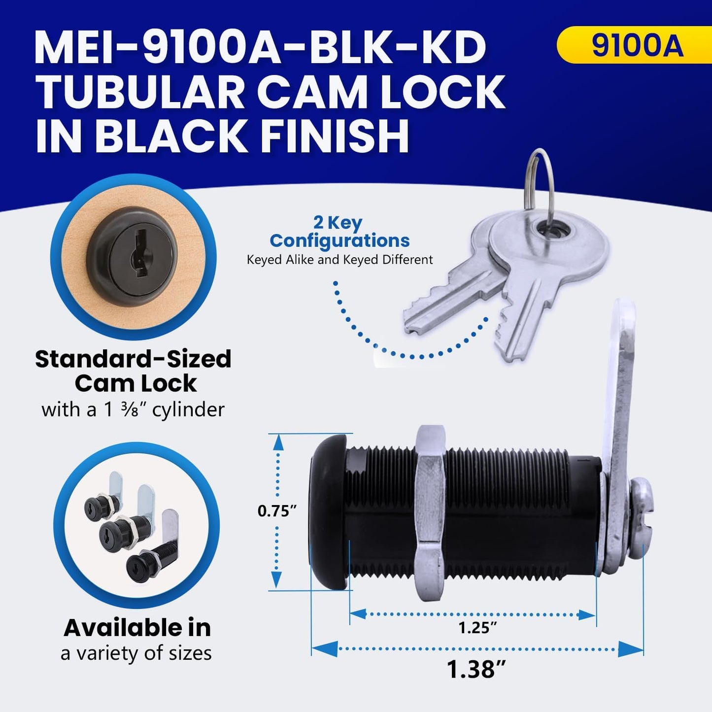 FJM Security 9100A-BLK-KD Disc Tumbler Cam Lock - Smart Home & Cabinet Baby Proofing Solution - 1 3/8” Cylinder - Black Finish