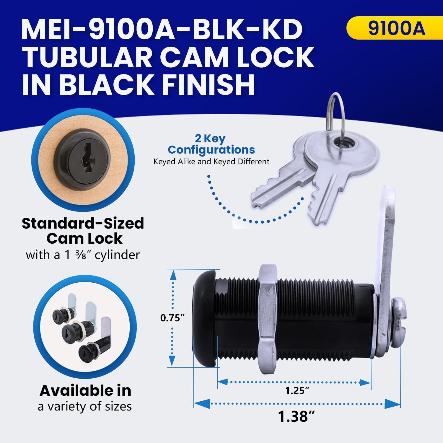 FJM Security 9100A-BLK-KD Disc Tumbler Cam Lock - Smart Home & Cabinet Baby Proofing Solution - 1 3/8” Cylinder - Black Finish