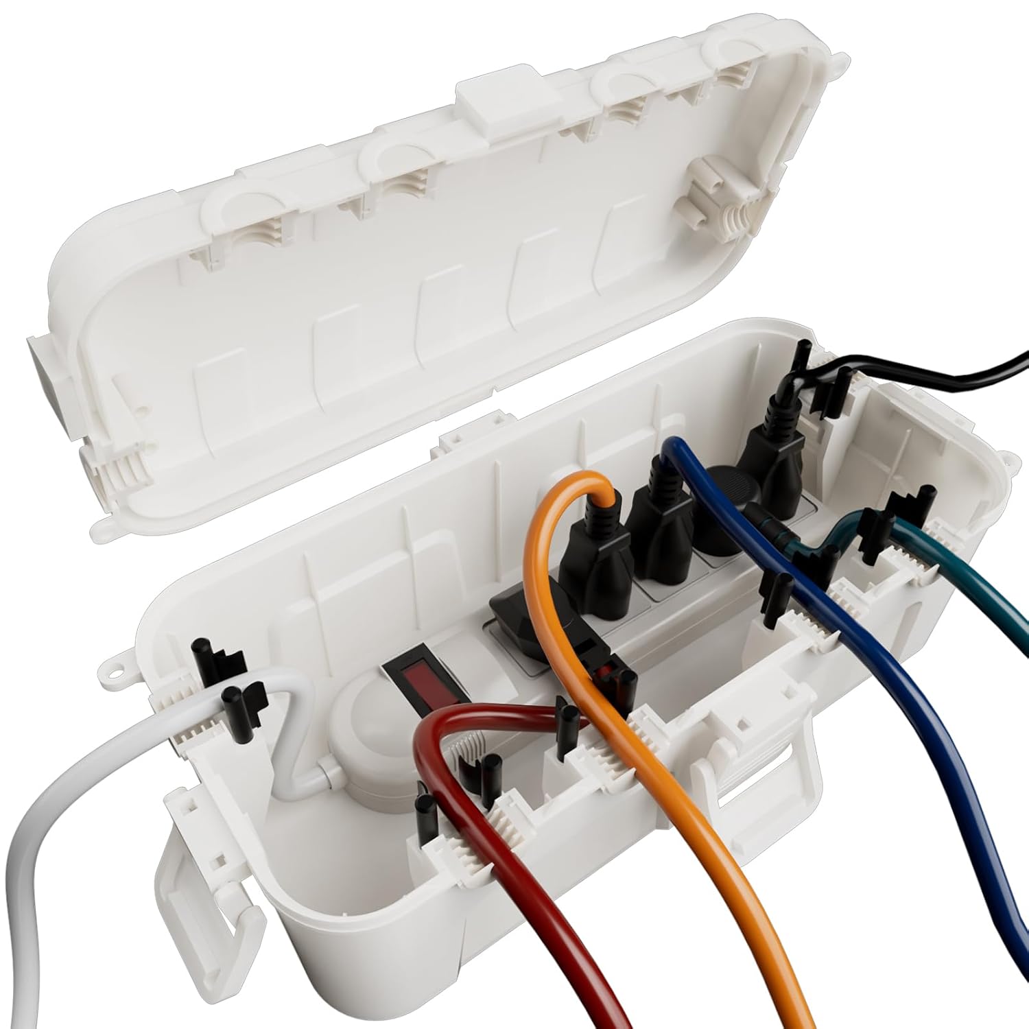 Flemoon Medium Outdoor Electrical Box (11.5x5.2x4 inch) - Weatherproof Extension Cord Cover with 6 Cable Entry Ports for Power Strip, Timer, Plug, Holiday Lights - IP54 Waterproof - White