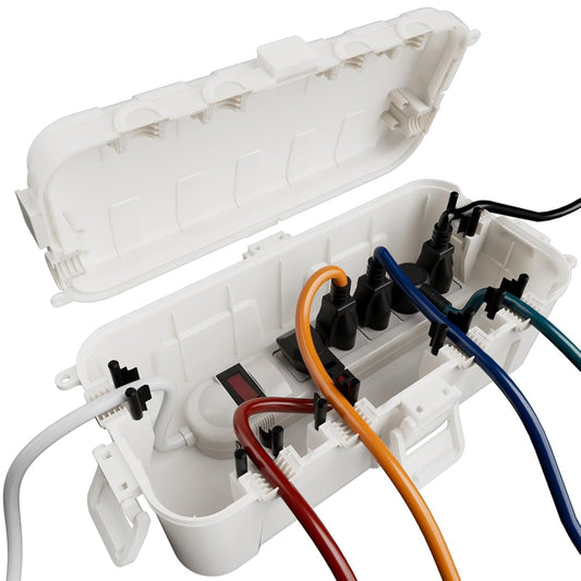 Flemoon Medium Outdoor Electrical Box (11.5x5.2x4 inch) - Weatherproof Extension Cord Cover with 6 Cable Entry Ports for Power Strip, Timer, Plug, Holiday Lights - IP54 Waterproof - White