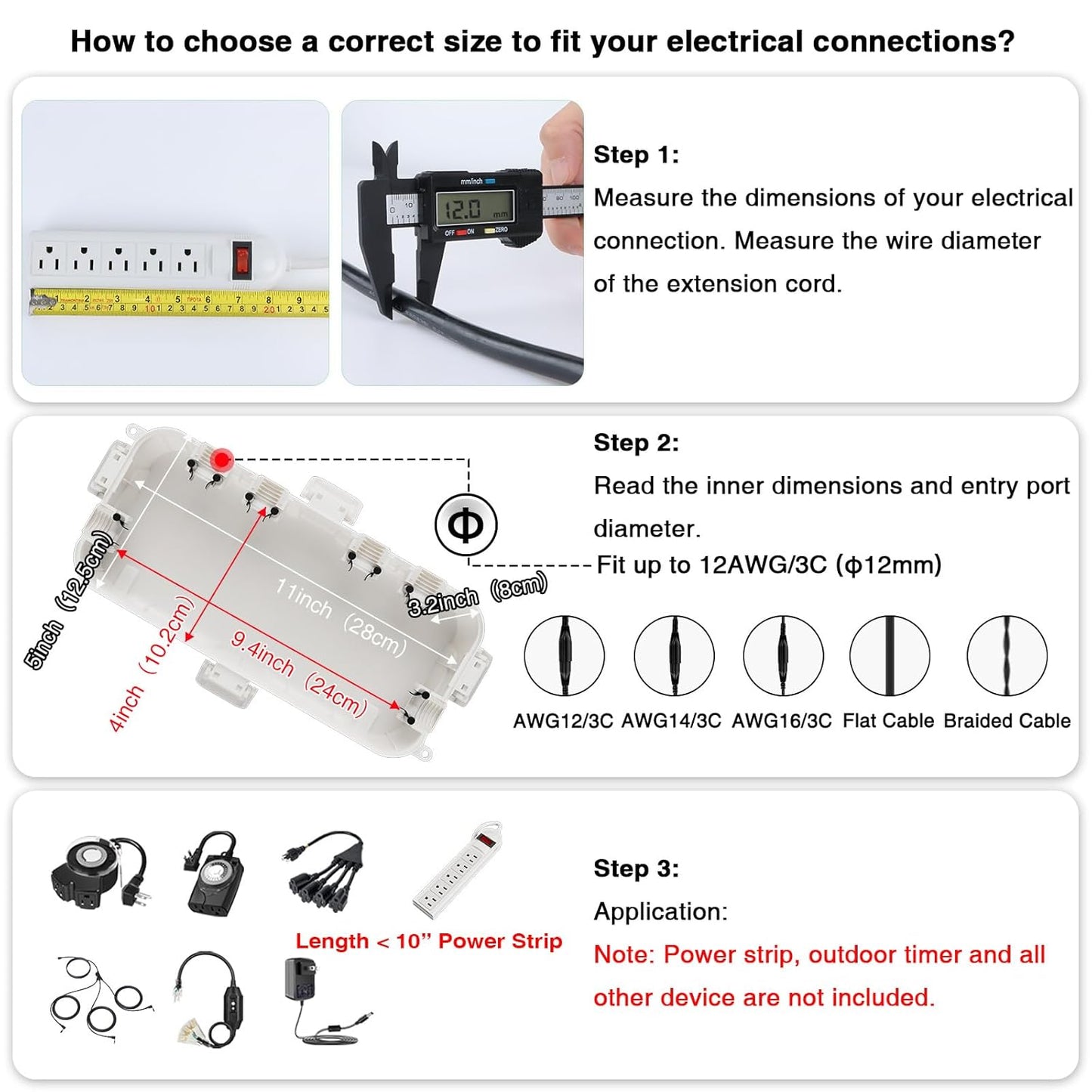 Flemoon Medium Outdoor Electrical Box (11.5x5.2x4 inch) - Weatherproof Extension Cord Cover with 6 Cable Entry Ports for Power Strip, Timer, Plug, Holiday Lights - IP54 Waterproof - White