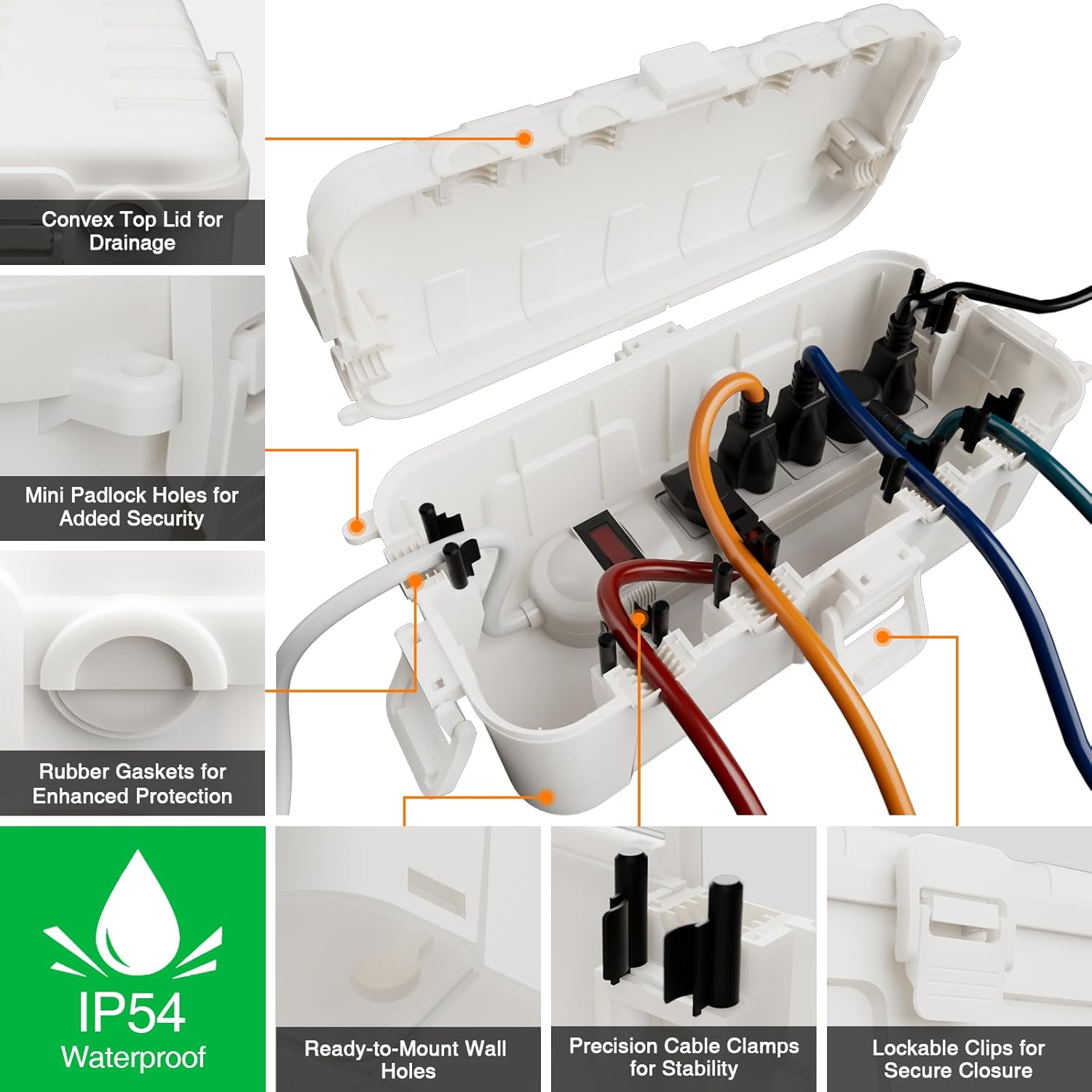Flemoon Medium Outdoor Electrical Box (11.5x5.2x4 inch) - Weatherproof Extension Cord Cover with 6 Cable Entry Ports for Power Strip, Timer, Plug, Holiday Lights - IP54 Waterproof - White