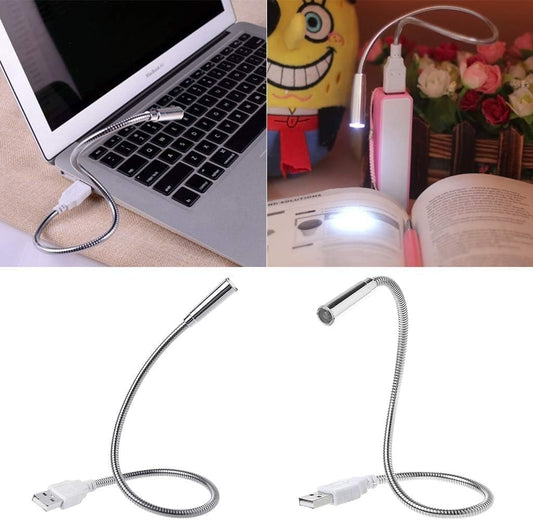 Flexible Gooseneck LED Lamp for Laptop Computers - Ideal for Studying, Office Work, Writing, and Reading - Silver USB Desk Light with Adjustable Brightness