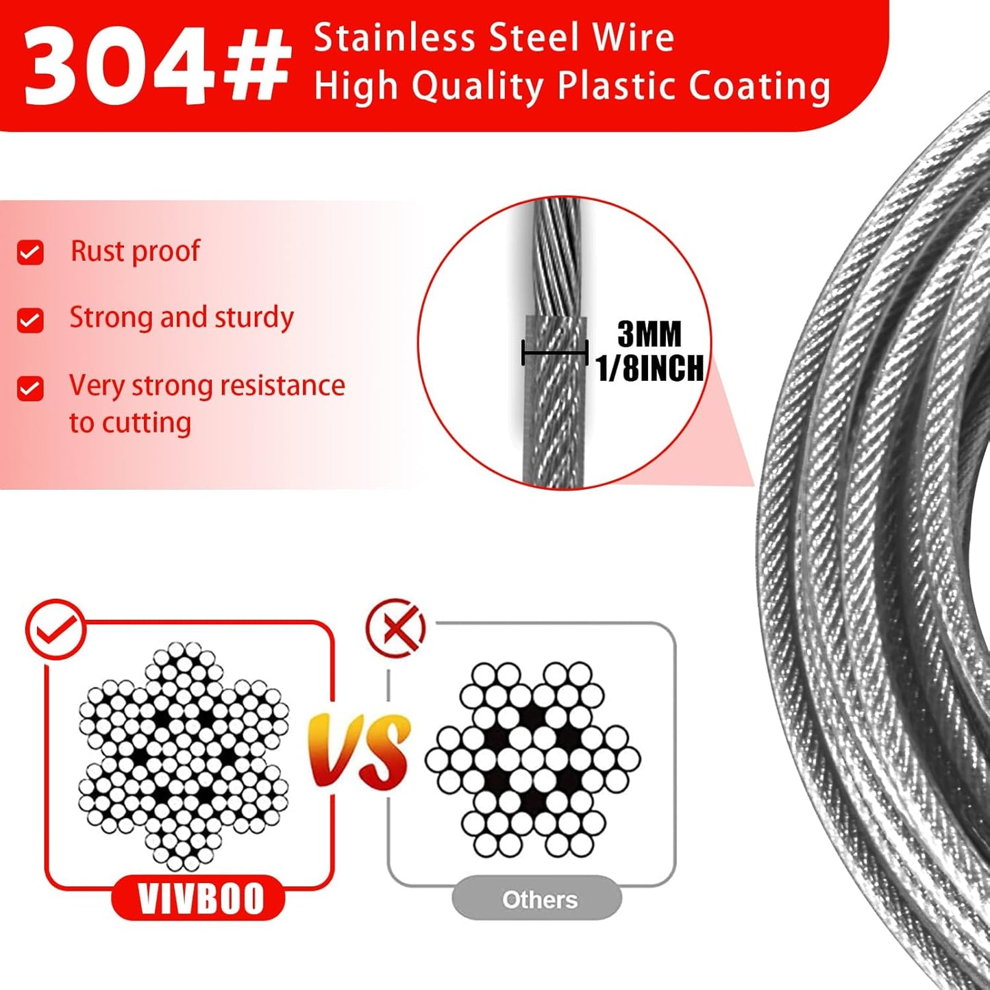 Flexible Stainless Steel Security Cable with Double Loop - 2 Pack, 1/8 inch Diameter, Various Length Options