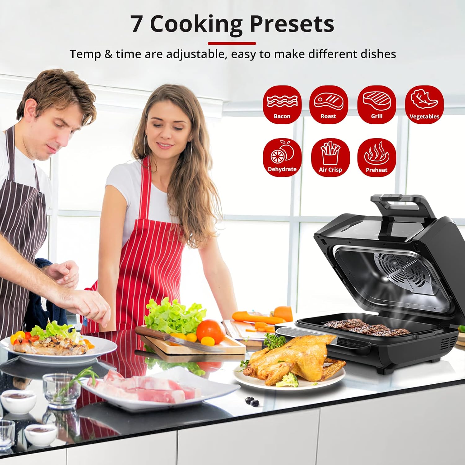 FlexWill 7-in-1 Electric Air Grill Fryer - Indoor Smokeless Contact Grill with Fast Even Heat and Non-Stick Removable Plates - 1750W - Perfect for Healthy Grilling and Flat Top Griddle - 4Qt Capacity