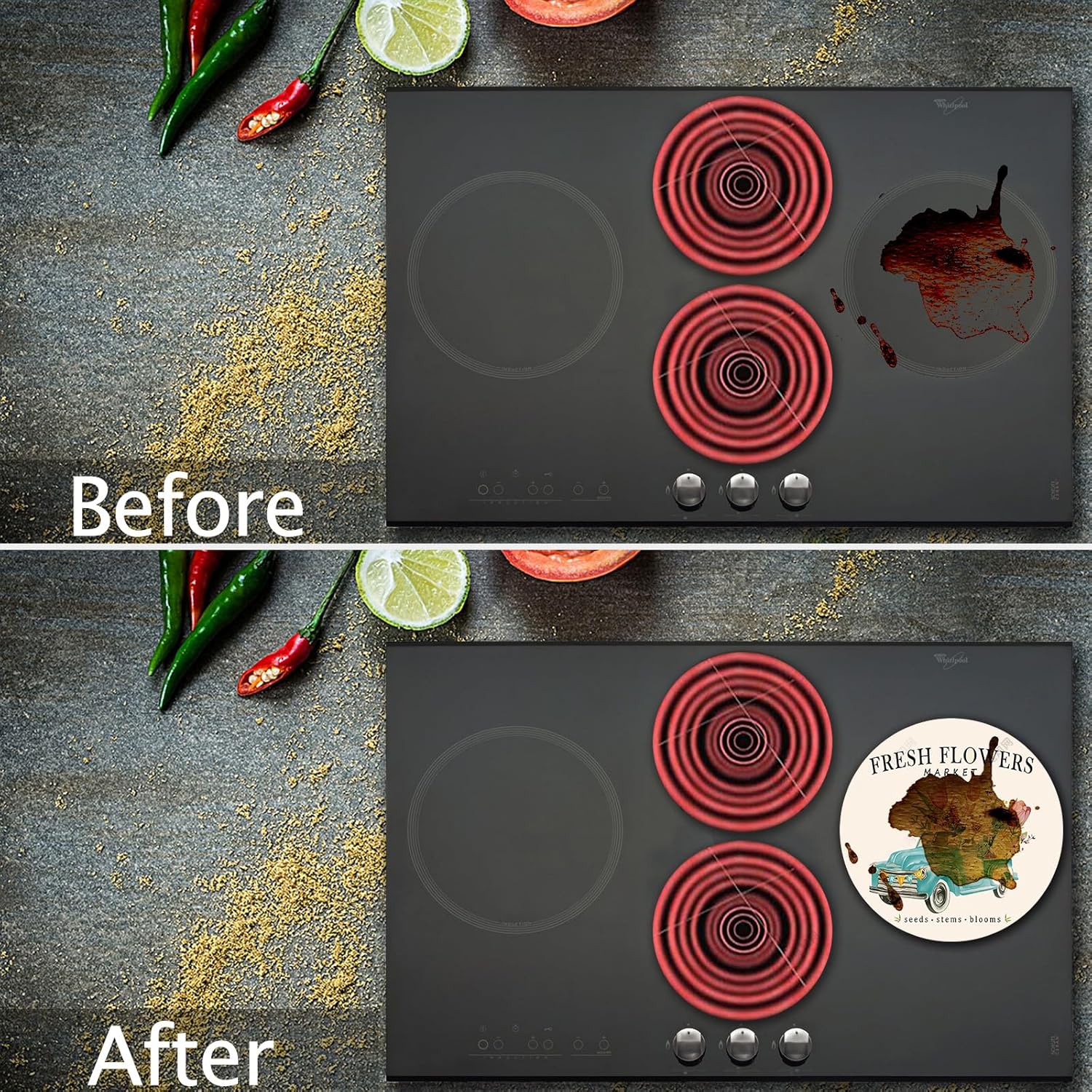 Floral Farmhouse Electric Stove Burner Covers Set - 4 Pcs, 8" and 10", Gas Cooktop Cover for Kitchen Decor, Metal Flowers Decorations