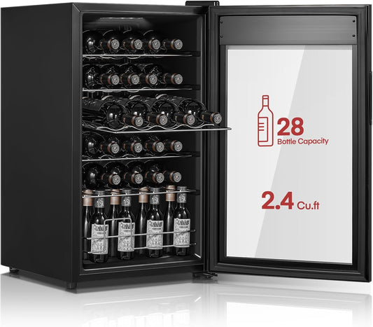 FOHERE 28-Bottle Wine Cooler with Double Glass Doors, LED Light, Digital Temp Control - Ideal Wine Fridge for Bar, Home, Office - Wine Cellar Refrigerator