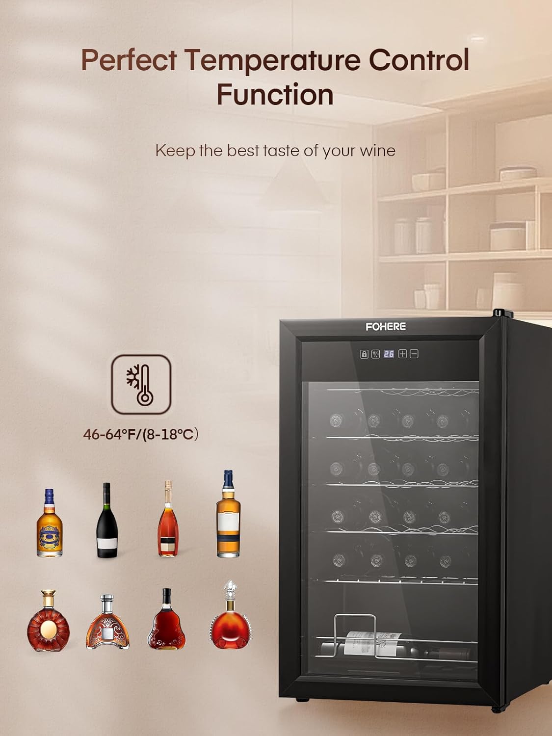 FOHERE 28-Bottle Wine Cooler with Double Glass Doors, LED Light, Digital Temp Control - Ideal Wine Fridge for Bar, Home, Office - Wine Cellar Refrigerator