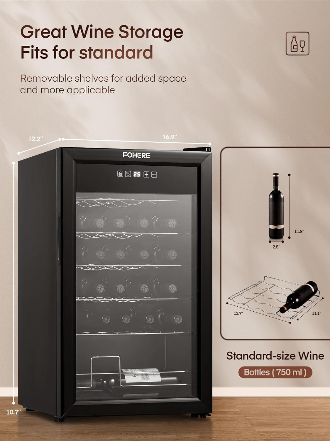 FOHERE 28-Bottle Wine Cooler with Double Glass Doors, LED Light, Digital Temp Control - Ideal Wine Fridge for Bar, Home, Office - Wine Cellar Refrigerator