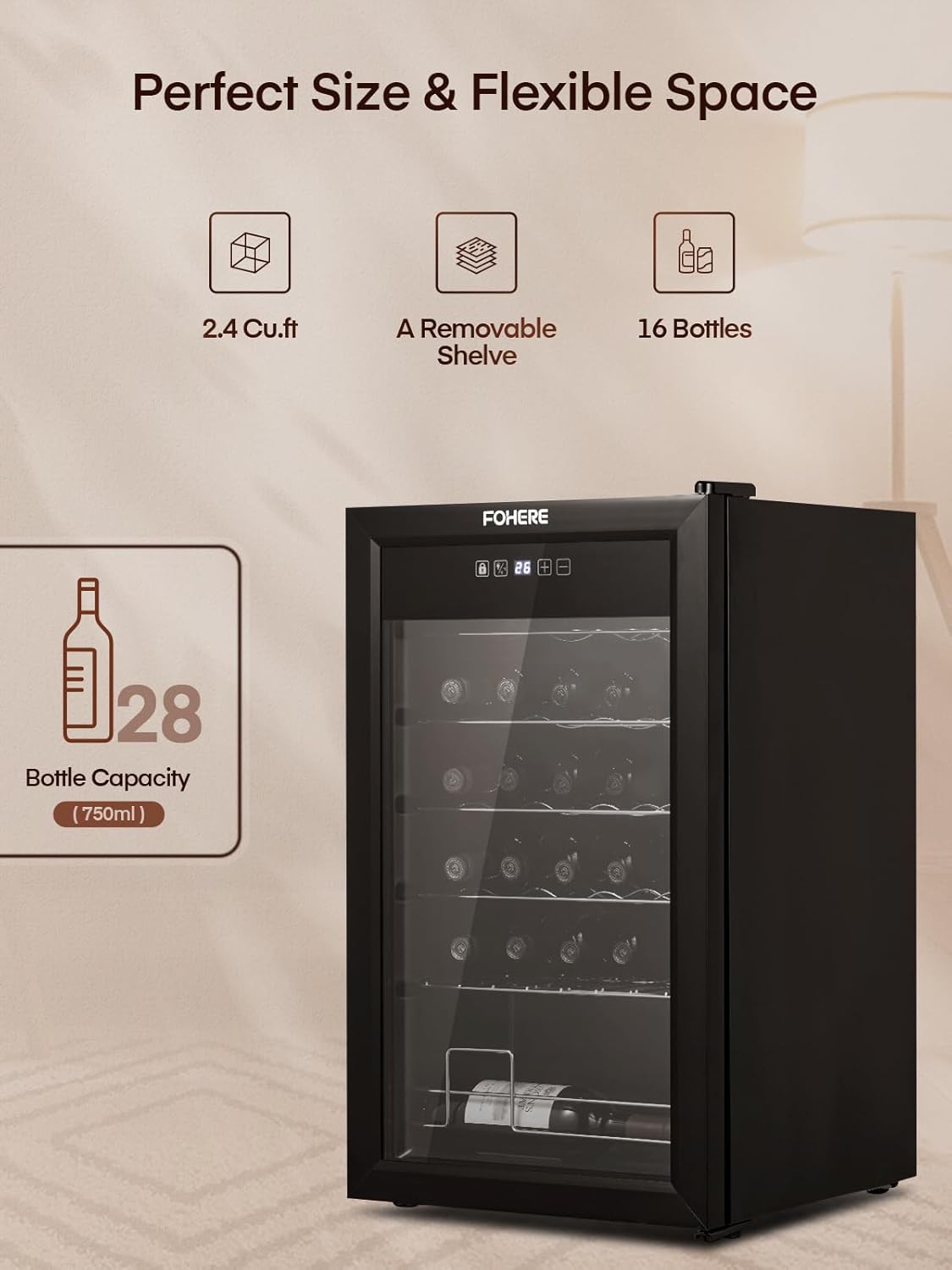 FOHERE 28-Bottle Wine Cooler with Double Glass Doors, LED Light, Digital Temp Control - Ideal Wine Fridge for Bar, Home, Office - Wine Cellar Refrigerator