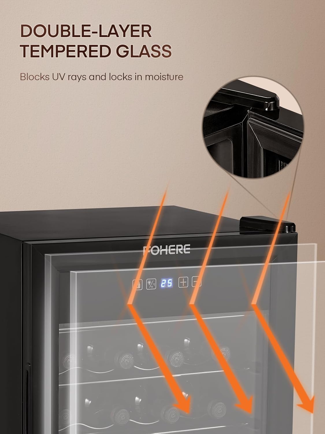 FOHERE 28-Bottle Wine Cooler with Double Glass Doors, LED Light, Digital Temp Control - Ideal Wine Fridge for Bar, Home, Office - Wine Cellar Refrigerator