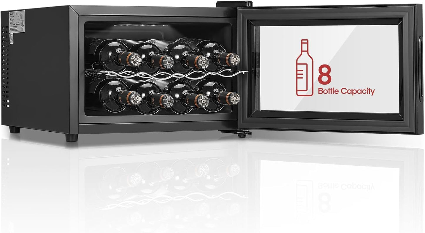 FOHERE Wine Cooler Refrigerator with Double Glass Doors - 8 Bottle Capacity, LED Light, Digital Temp Control - Ideal for Bar, Home, Office Cellar