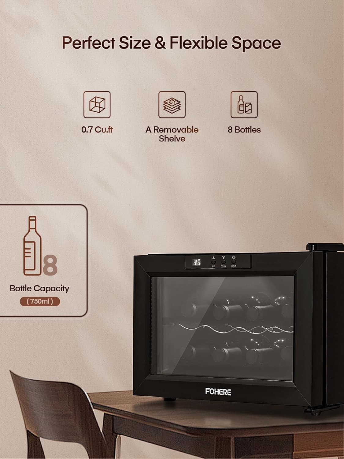 FOHERE Wine Cooler Refrigerator with Double Glass Doors - 8 Bottle Capacity, LED Light, Digital Temp Control - Ideal for Bar, Home, Office Cellar