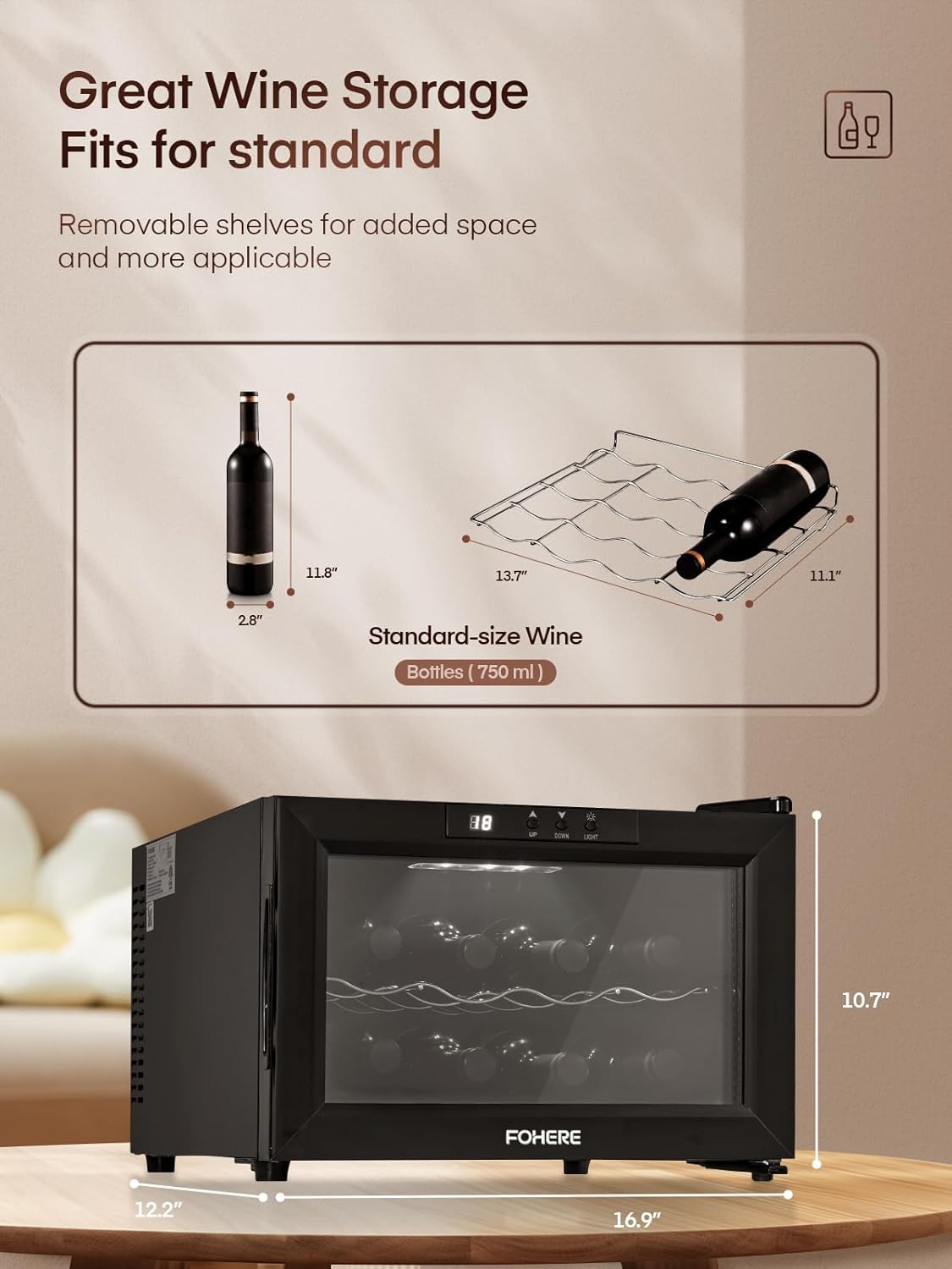 FOHERE Wine Cooler Refrigerator with Double Glass Doors - 8 Bottle Capacity, LED Light, Digital Temp Control - Ideal for Bar, Home, Office Cellar