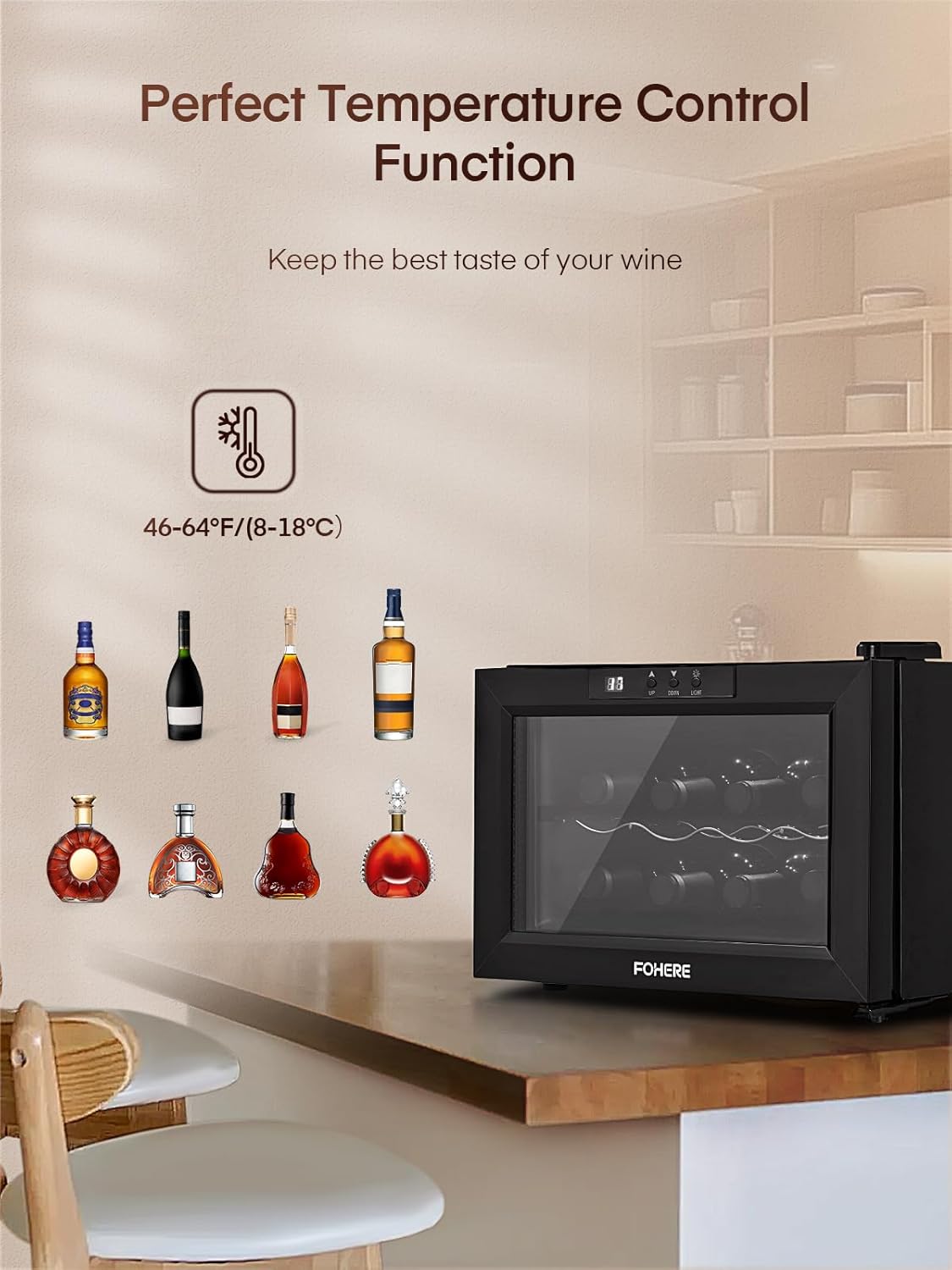 FOHERE Wine Cooler Refrigerator with Double Glass Doors - 8 Bottle Capacity, LED Light, Digital Temp Control - Ideal for Bar, Home, Office Cellar