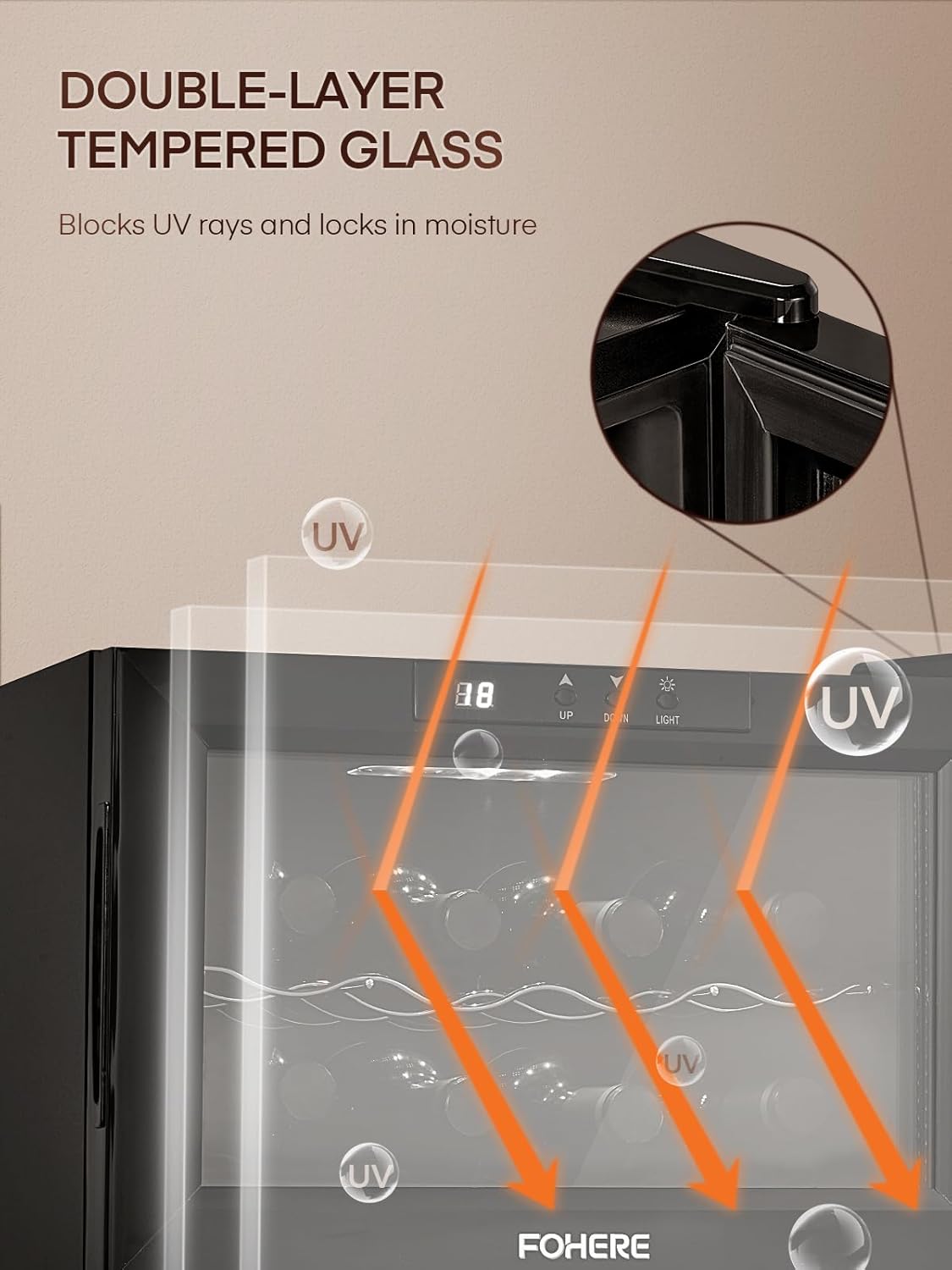 FOHERE Wine Cooler Refrigerator with Double Glass Doors - 8 Bottle Capacity, LED Light, Digital Temp Control - Ideal for Bar, Home, Office Cellar