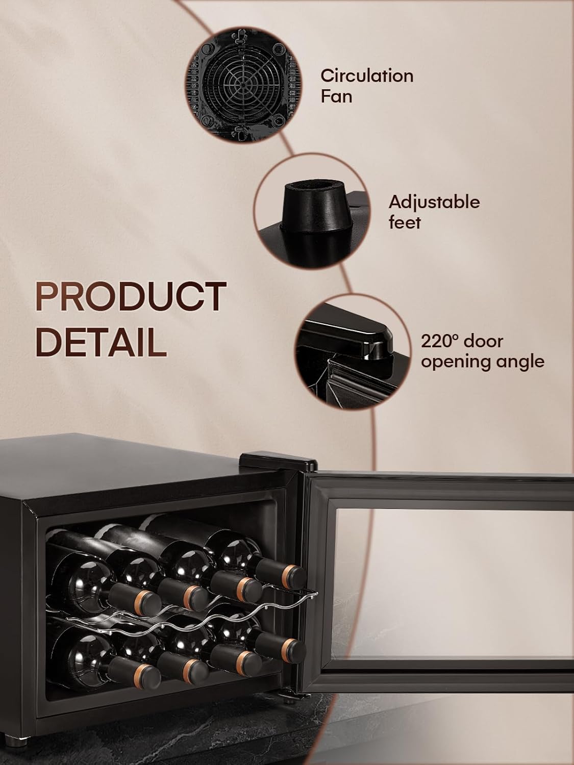 FOHERE Wine Cooler Refrigerator with Double Glass Doors - 8 Bottle Capacity, LED Light, Digital Temp Control - Ideal for Bar, Home, Office Cellar