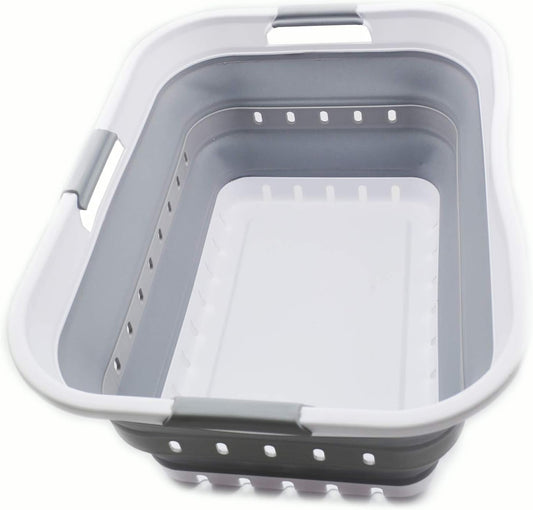 Foldable 42L Plastic Laundry Basket - Collapsible Pop Up Organizer - Space Saving Hamper - White/Grey