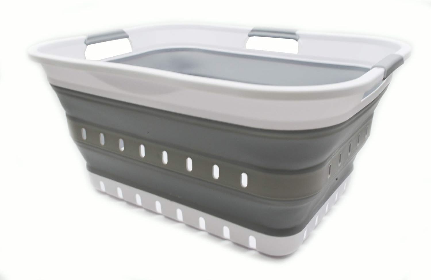 Foldable 42L Plastic Laundry Basket - Collapsible Pop Up Organizer - Space Saving Hamper - White/Grey