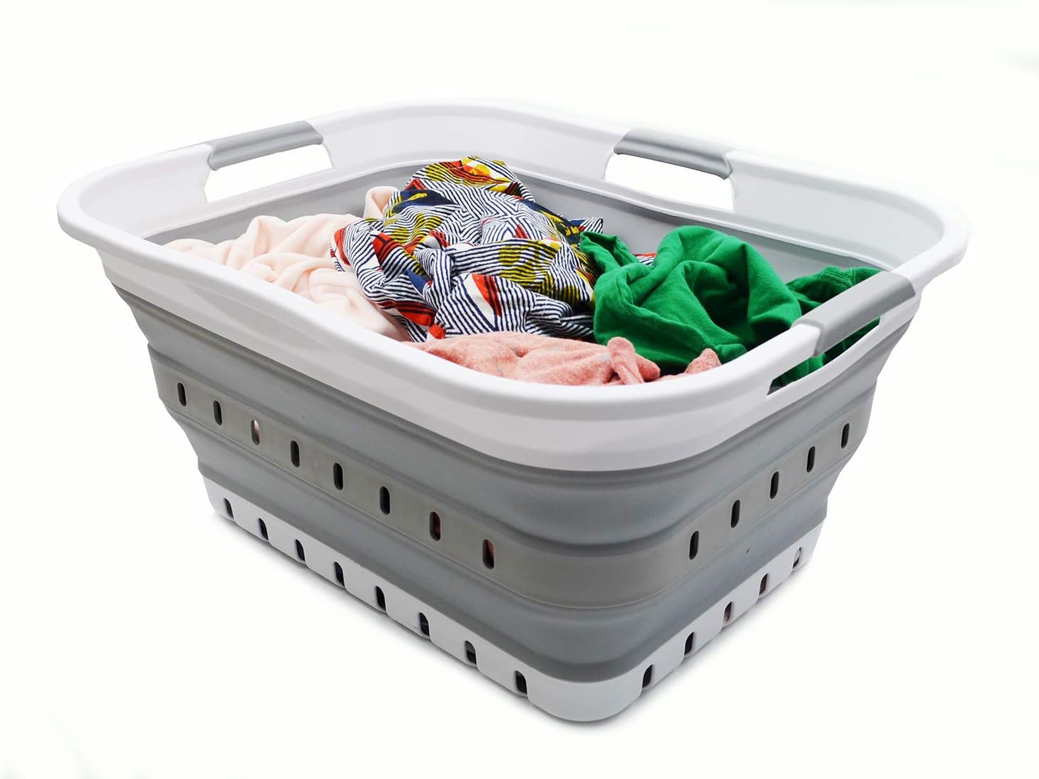 Foldable 42L Plastic Laundry Basket - Collapsible Pop Up Organizer - Space Saving Hamper - White/Grey