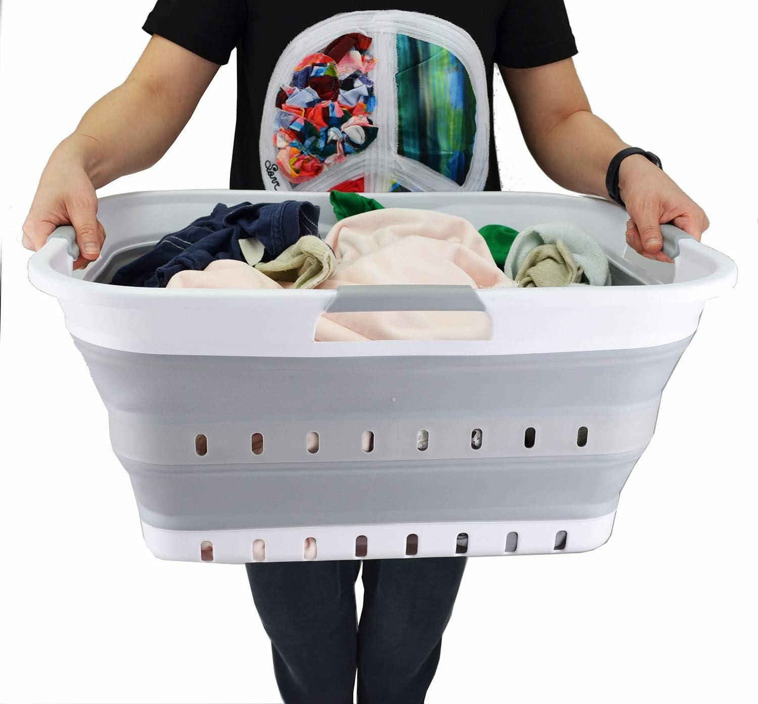 Foldable 42L Plastic Laundry Basket - Collapsible Pop Up Organizer - Space Saving Hamper - White/Grey