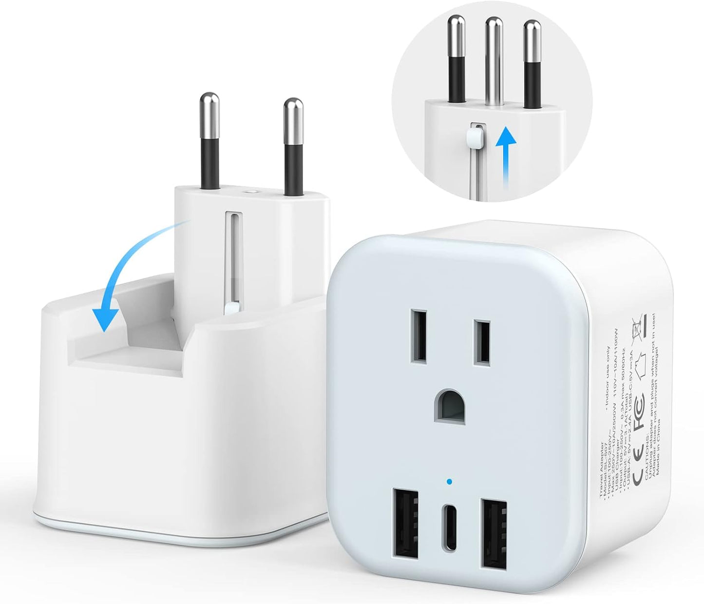 Foldable European Travel Plug Adapter with USB-C, Type C/L 2 in 1 Plug Adaptor for US to Most of Europe - JAMIFEX
