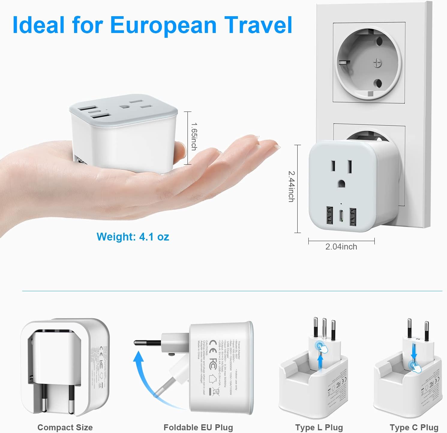 Foldable European Travel Plug Adapter with USB-C, Type C/L 2 in 1 Plug Adaptor for US to Most of Europe - JAMIFEX