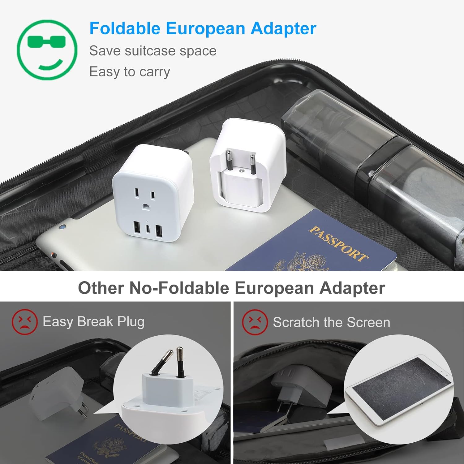 Foldable European Travel Plug Adapter with USB-C, Type C/L 2 in 1 Plug Adaptor for US to Most of Europe - JAMIFEX