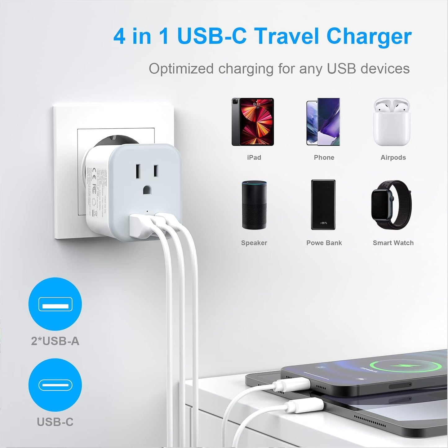 Foldable European Travel Plug Adapter with USB-C, Type C/L 2 in 1 Plug Adaptor for US to Most of Europe - JAMIFEX