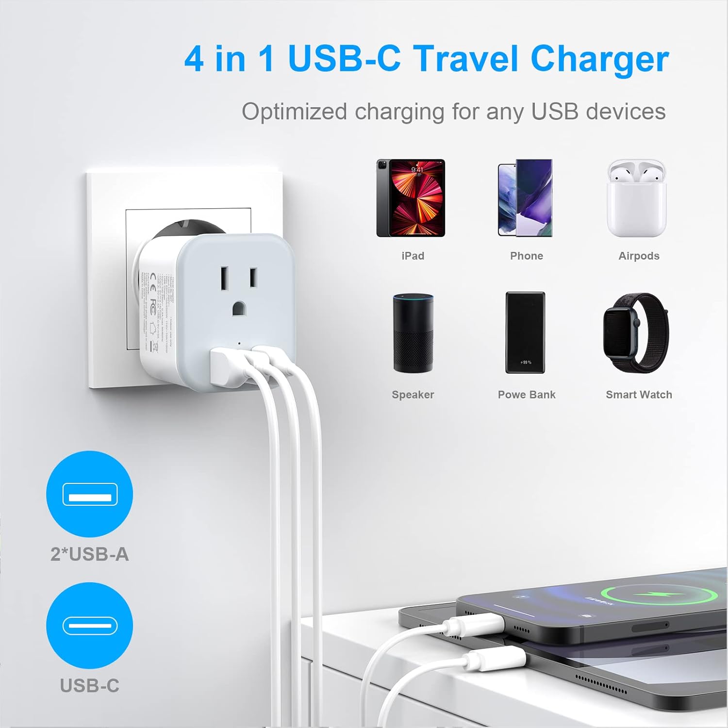 Foldable European Travel Plug Adapter with USB-C, Type C/L 2 in 1 Plug Adaptor for US to Most of Europe - JAMIFEX