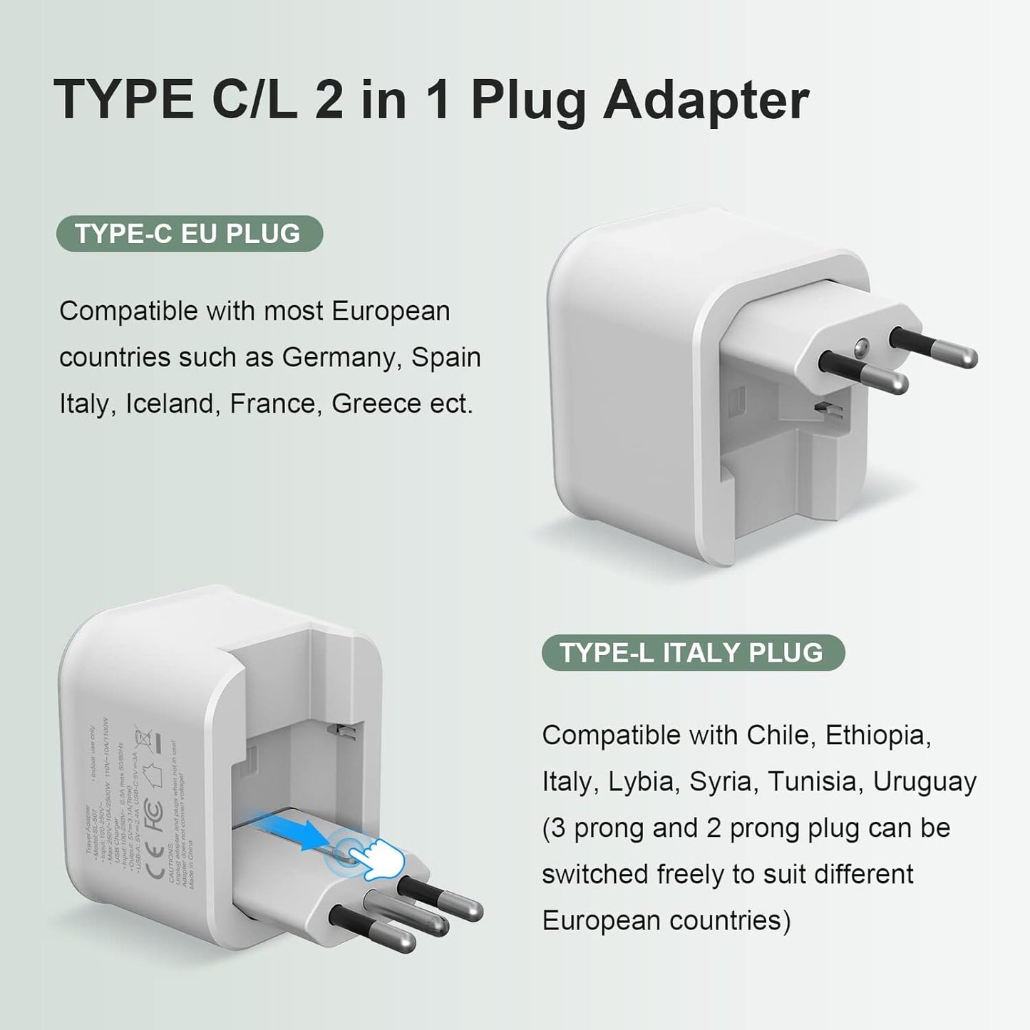 Foldable European Travel Plug Adapter with USB-C, Type C/L 2 in 1 Plug Adaptor for US to Most of Europe - JAMIFEX