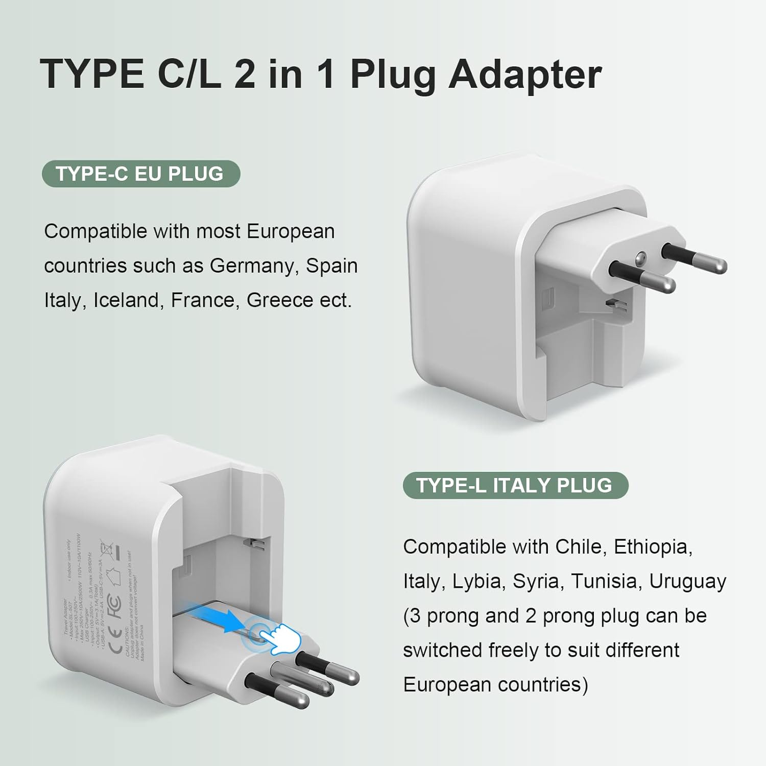 Foldable European Travel Plug Adapter with USB-C, Type C/L 2 in 1 Plug Adaptor for US to Most of Europe - JAMIFEX