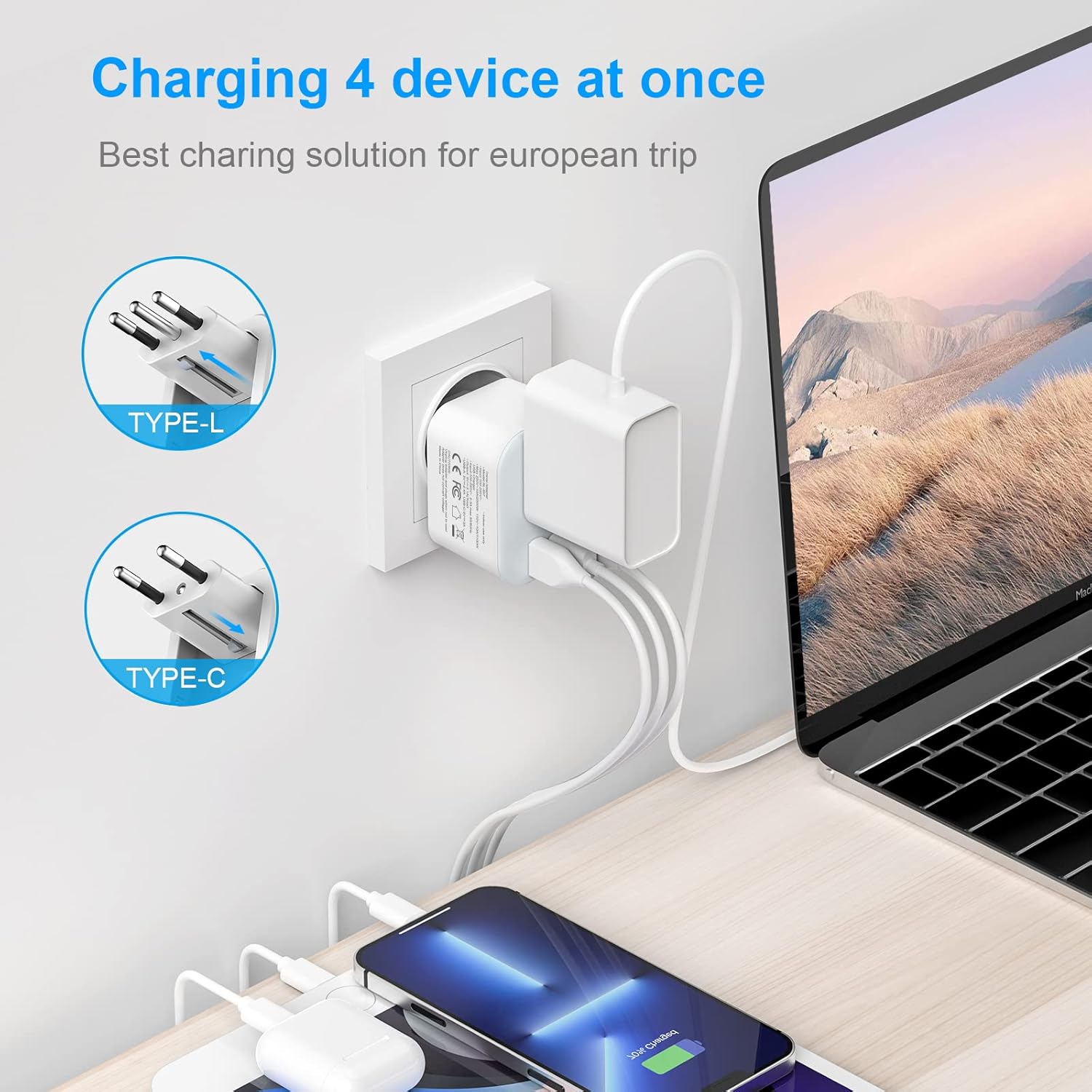 Foldable European Travel Plug Adapter with USB-C, Type C/L 2 in 1 Plug Adaptor for US to Most of Europe - JAMIFEX