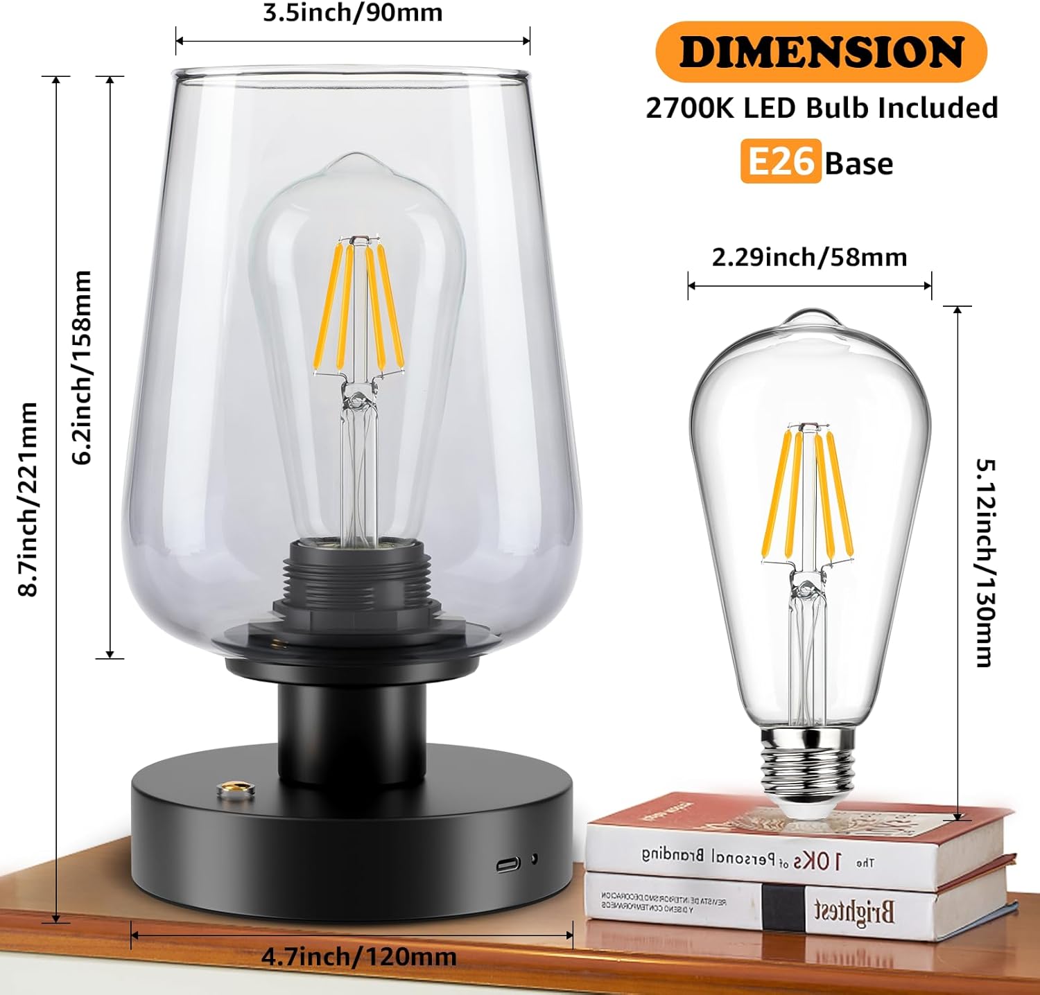 FOLKSMATE Cordless Bedside Table Lamp - Rechargeable Touch Nightstand Light with 3 Dimmable Levels, LED Bulb, Battery Operated Home Lamp