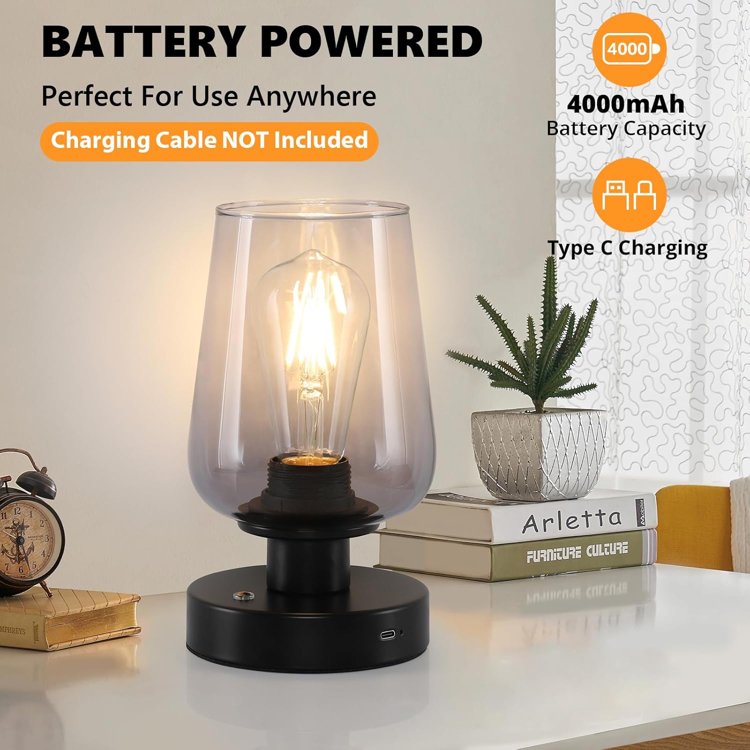FOLKSMATE Cordless Bedside Table Lamp - Rechargeable Touch Nightstand Light with 3 Dimmable Levels, LED Bulb, Battery Operated Home Lamp
