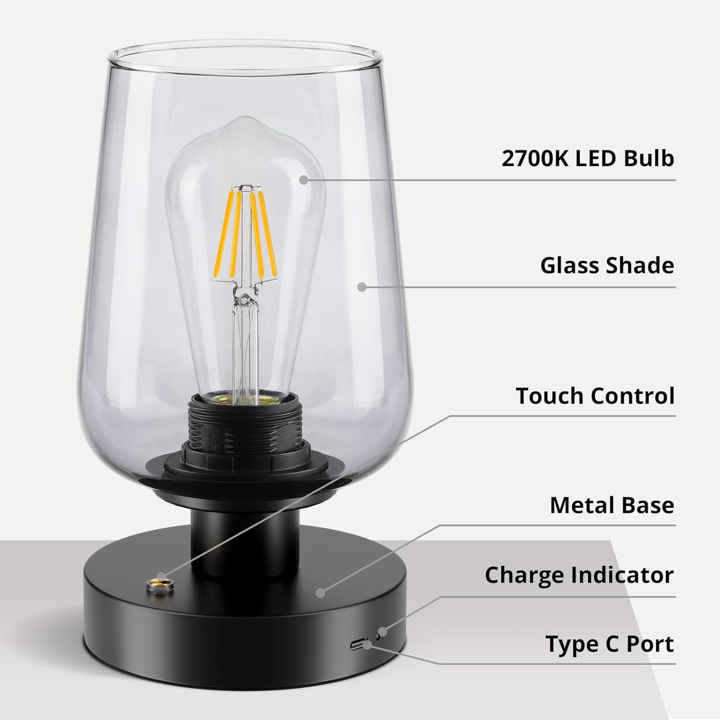 FOLKSMATE Cordless Bedside Table Lamp - Rechargeable Touch Nightstand Light with 3 Dimmable Levels, LED Bulb, Battery Operated Home Lamp